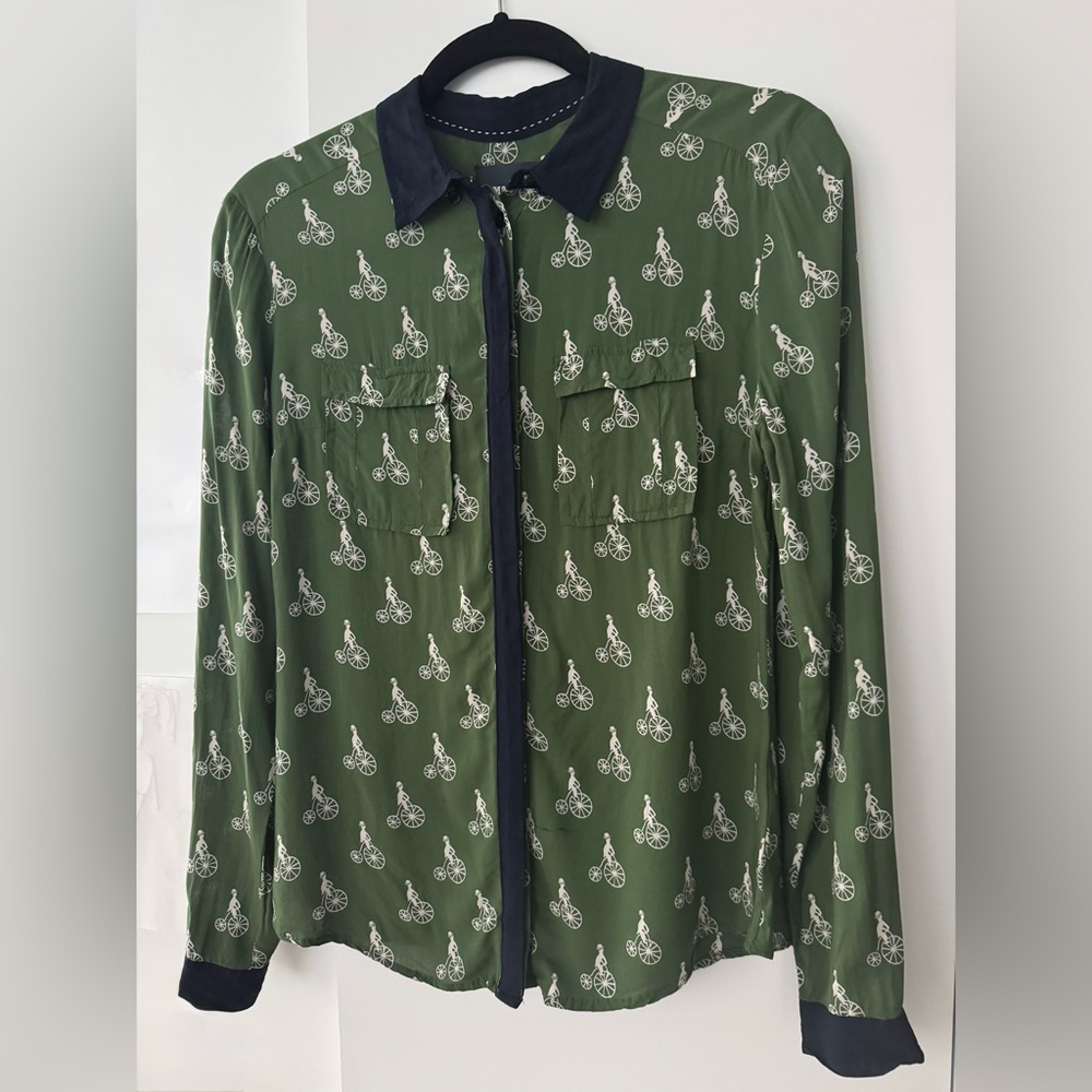 Whimsical, Bicycle Print blouse with Navy Accents. Very unique!